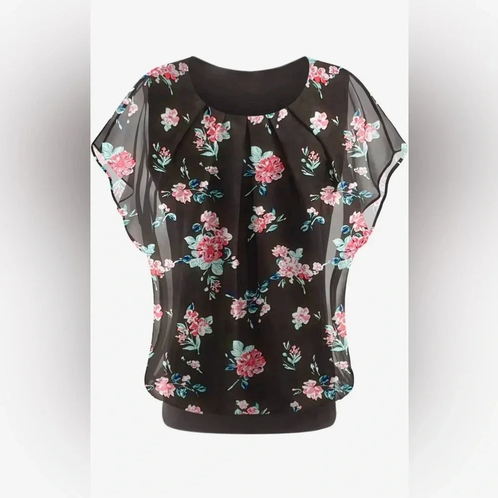 NWT new JINKESI large floral Batwing Short Sleeve Chiffon Top T-Shirt Blouse
